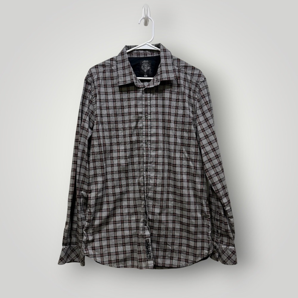 Diesel Mens XL Plaid Button Down Shirt Grey Black Red Long Sleeve Cotton Blend